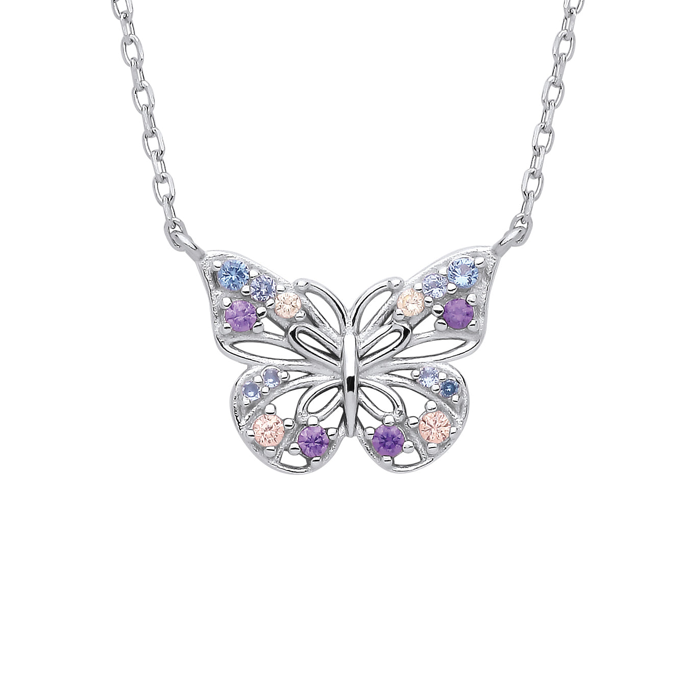 Silver  Purple Lilac Peach CZ Pastel Butterfly Necklace 18" - GVK459