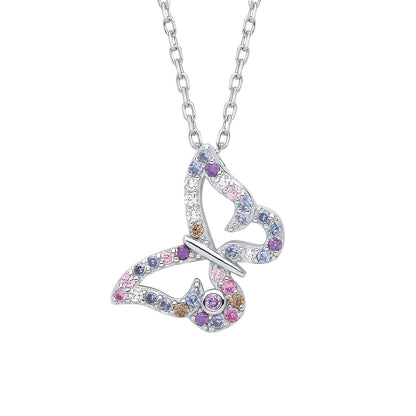 Silver  Pink Lilac Peach CZ Fleeting Pastel Butterfly Necklace 18" - GVK460
