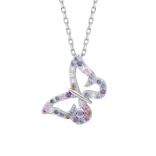 Silver  Pink Lilac Peach CZ Fleeting Pastel Butterfly Necklace 18" - GVK460