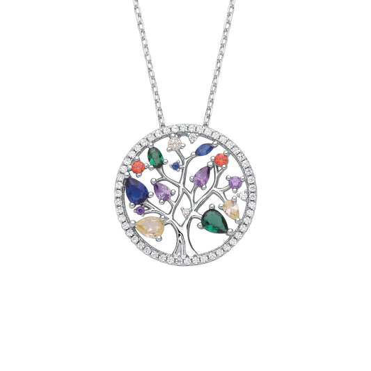Silver  Vibrant Tree of Life Halo Lavalier Necklace 16" + 2" - GVK461