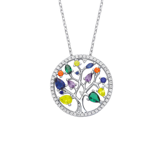 Silver Blue Yellow Green Pear CZ Tree of Life Halo Necklace 18" - GVK461