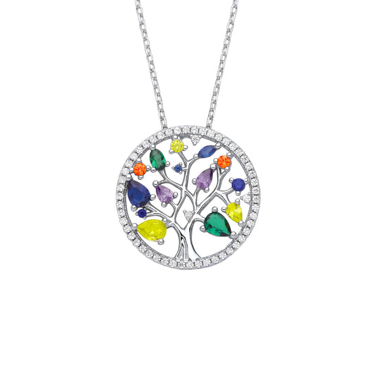 Silver  Blue Yellow Green Pear CZ Tree of Life Halo Necklace 18" - GVK461