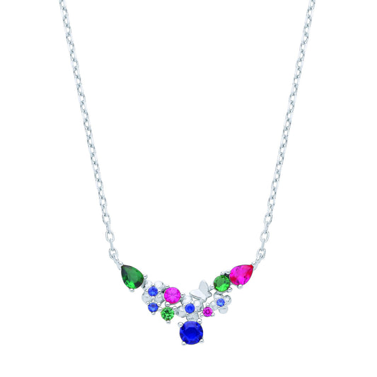 Silver  Red Green Blue CZ Butterfly Flower Wishbone Necklace 18" - GVK462