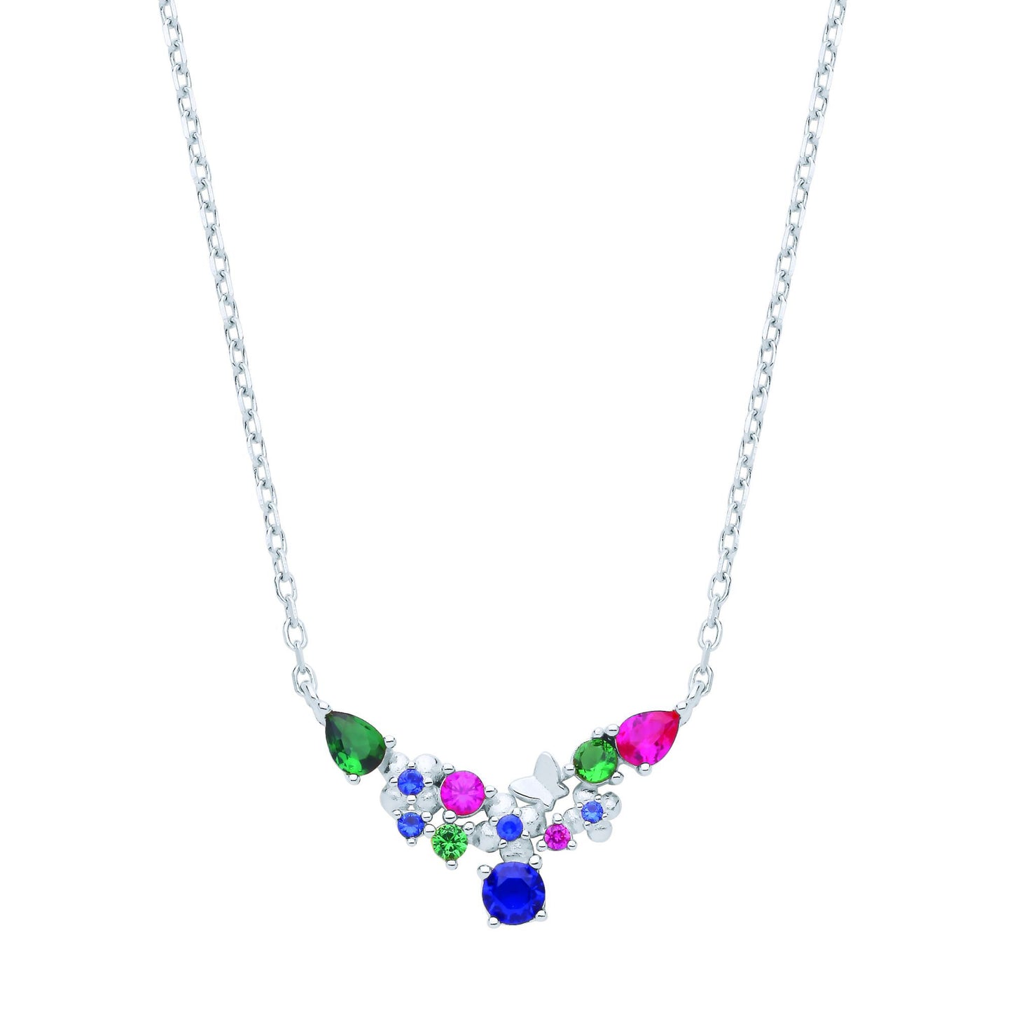 Silver  Red Green Blue CZ Butterfly Flower Wishbone Necklace 18" - GVK462
