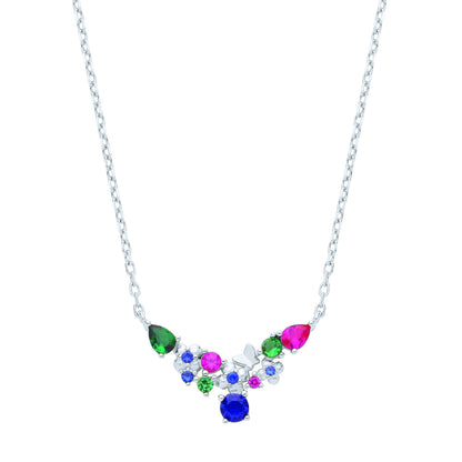 Silver  Red Green Blue CZ Butterfly Flower Wishbone Necklace 18" - GVK462