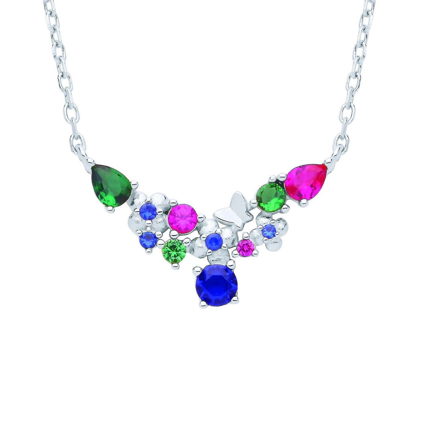 Silver  Red Green Blue CZ Butterfly Flower Wishbone Necklace 18" - GVK462