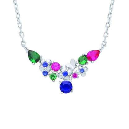 Silver  Red Green Blue CZ Butterfly Flower Wishbone Necklace 18" - GVK462