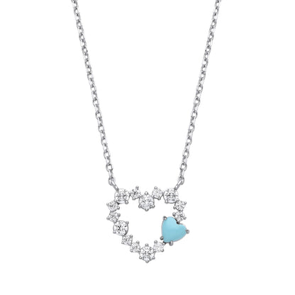 Silver  Blue Heart Turquoise CZ Lil n Large Embedded Necklace 16" - GVK463