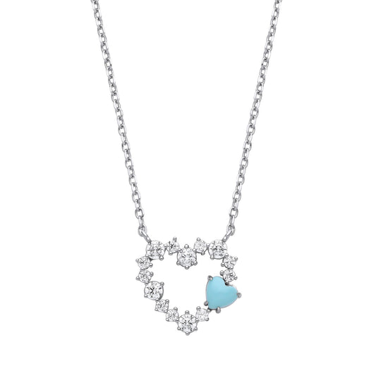 Silver  Blue Heart Turquoise CZ Lil n Large Embedded Necklace 16" - GVK463