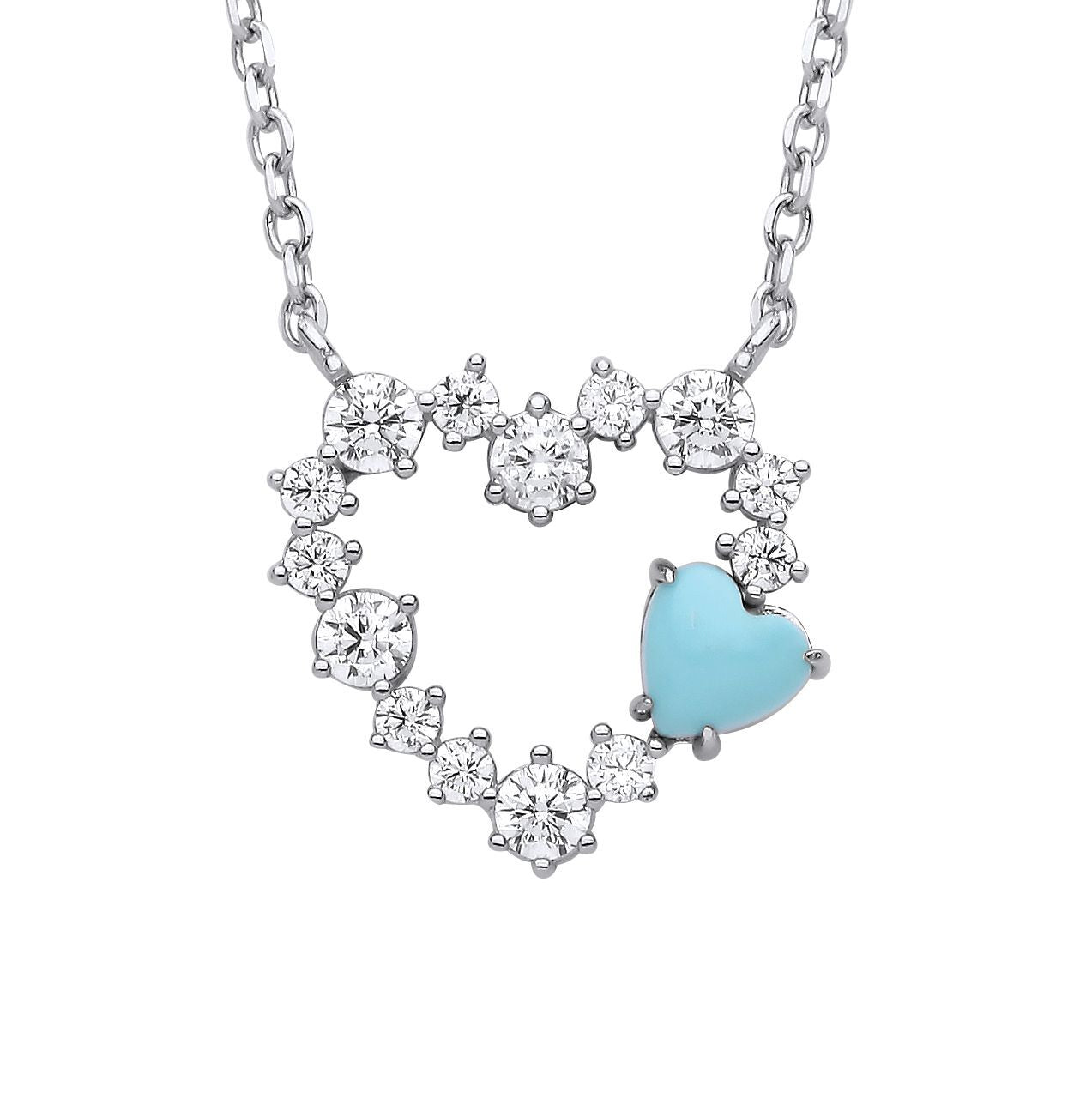 Silver  Blue Heart Turquoise CZ Lil n Large Embedded Necklace 16" - GVK463