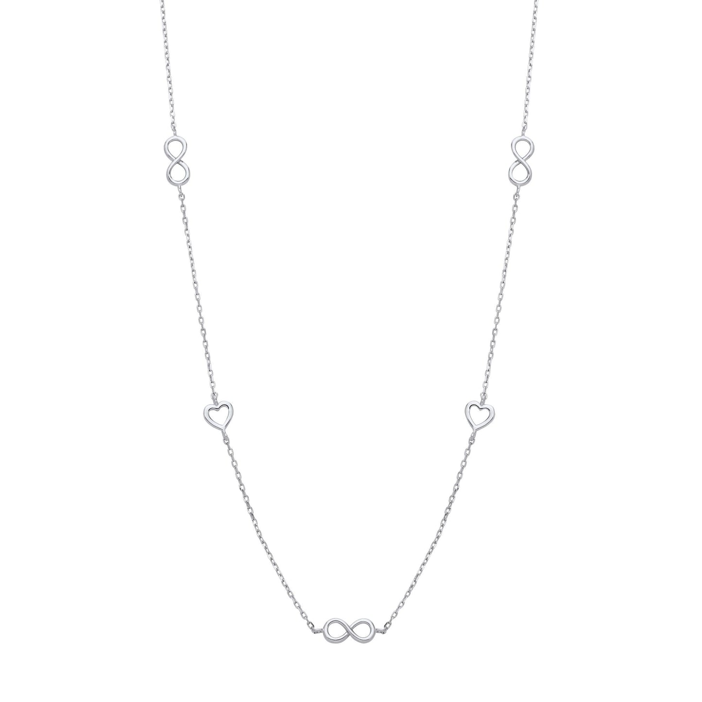 Silver  Love Heart Eternity Charms Station Necklace 17 + 2 inch - GVK465