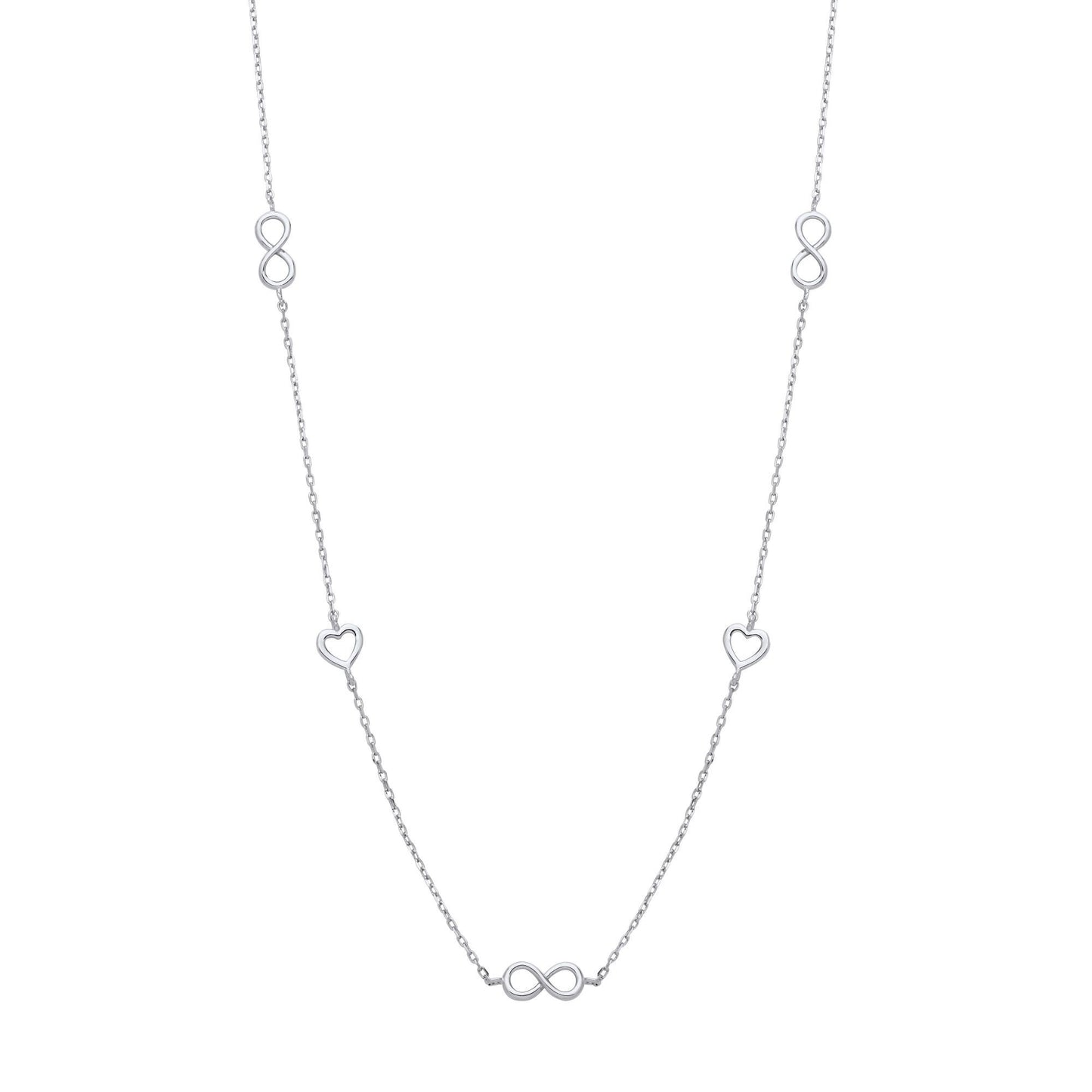 Silver  Love Heart Eternity Charms Station Necklace 17 + 2 inch - GVK465