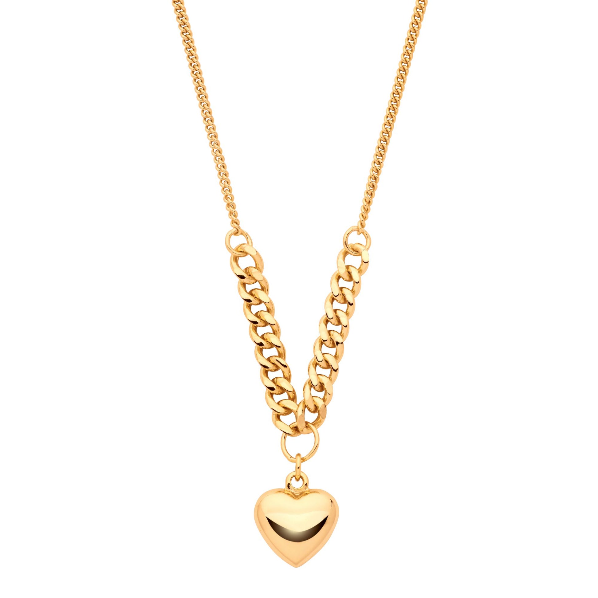 Gilded Silver  Curb Link Love Heart Charm Necklace 3mm 16 + 2 inch - GVK466