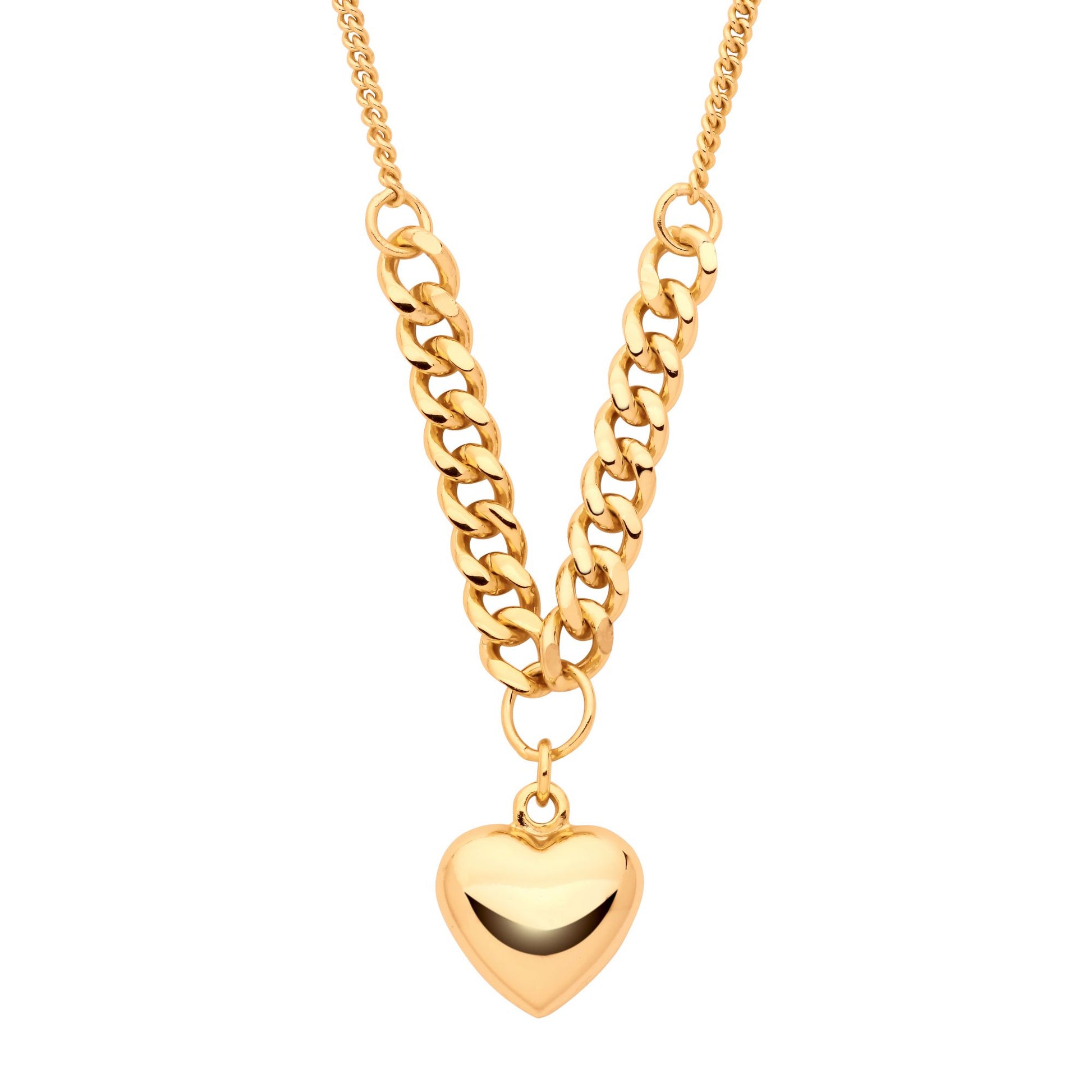 Gilded Silver  Curb Link Love Heart Charm Necklace 3mm 16 + 2 inch - GVK466
