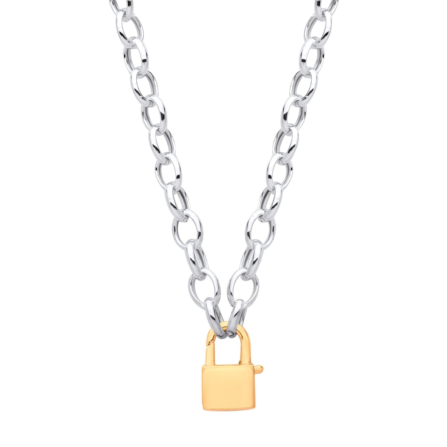 Gilded Silver  Oval Belcher Rolo Padlock Charm Necklace 18 inch - GVK469