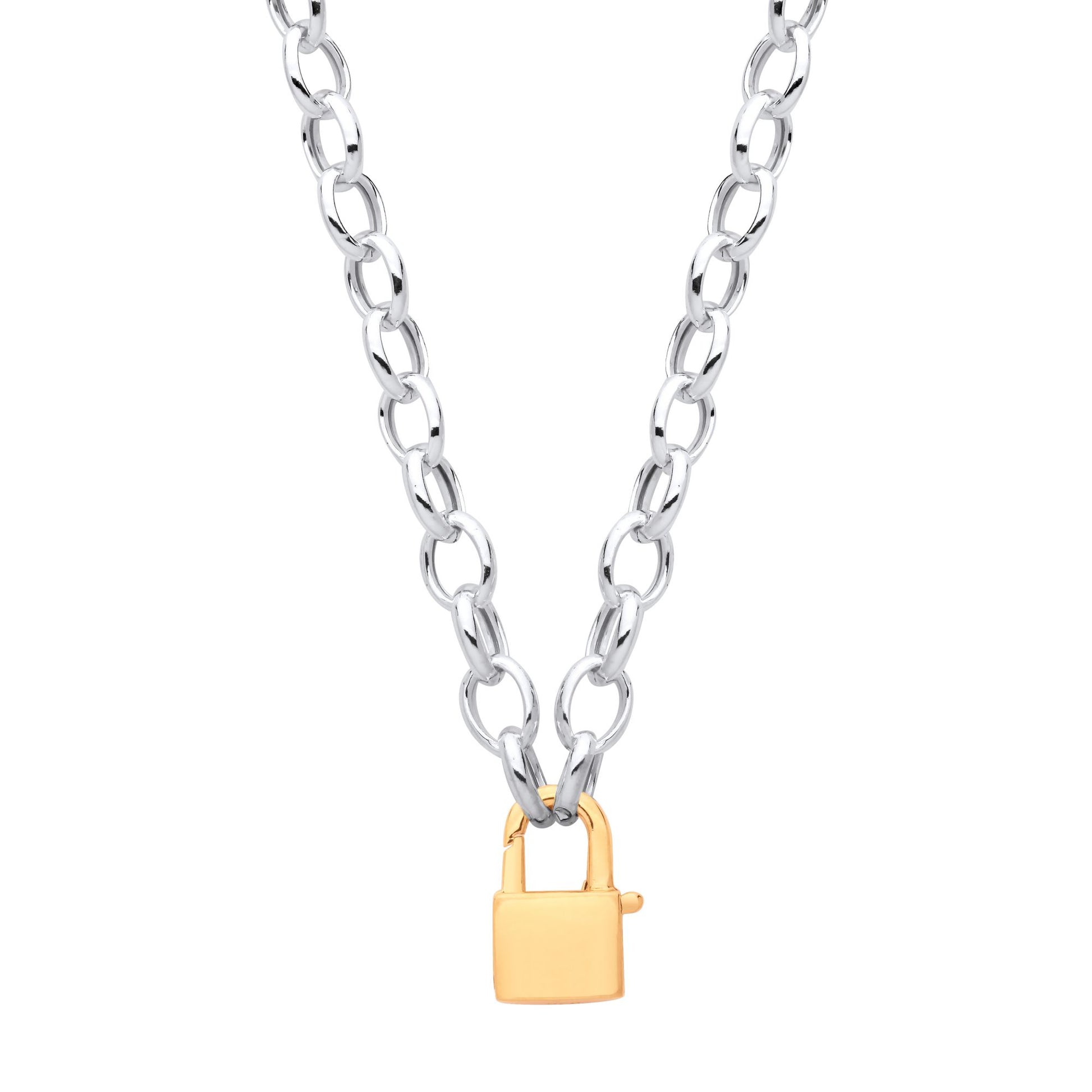 Gilded Silver  Oval Belcher Rolo Padlock Charm Necklace 18 inch - GVK469