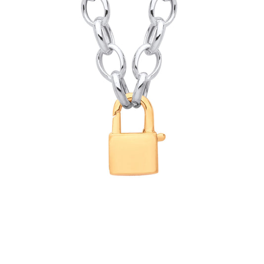 Gilded Silver  Oval Belcher Rolo Padlock Charm Necklace 18 inch - GVK469