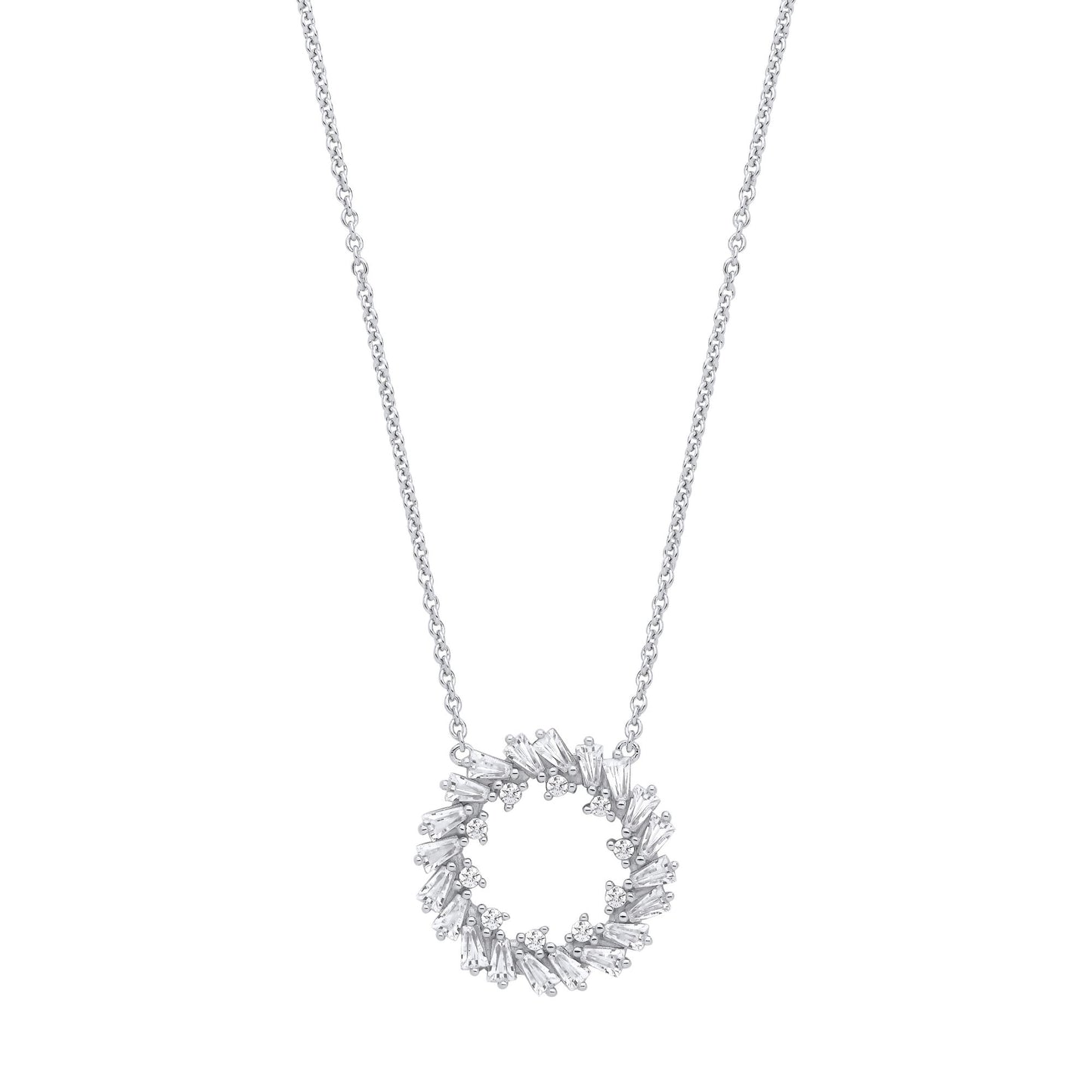 Silver  Baguette CZ Fiery Hoop Circle Lavalier Necklace 16 + 2" - GVK474