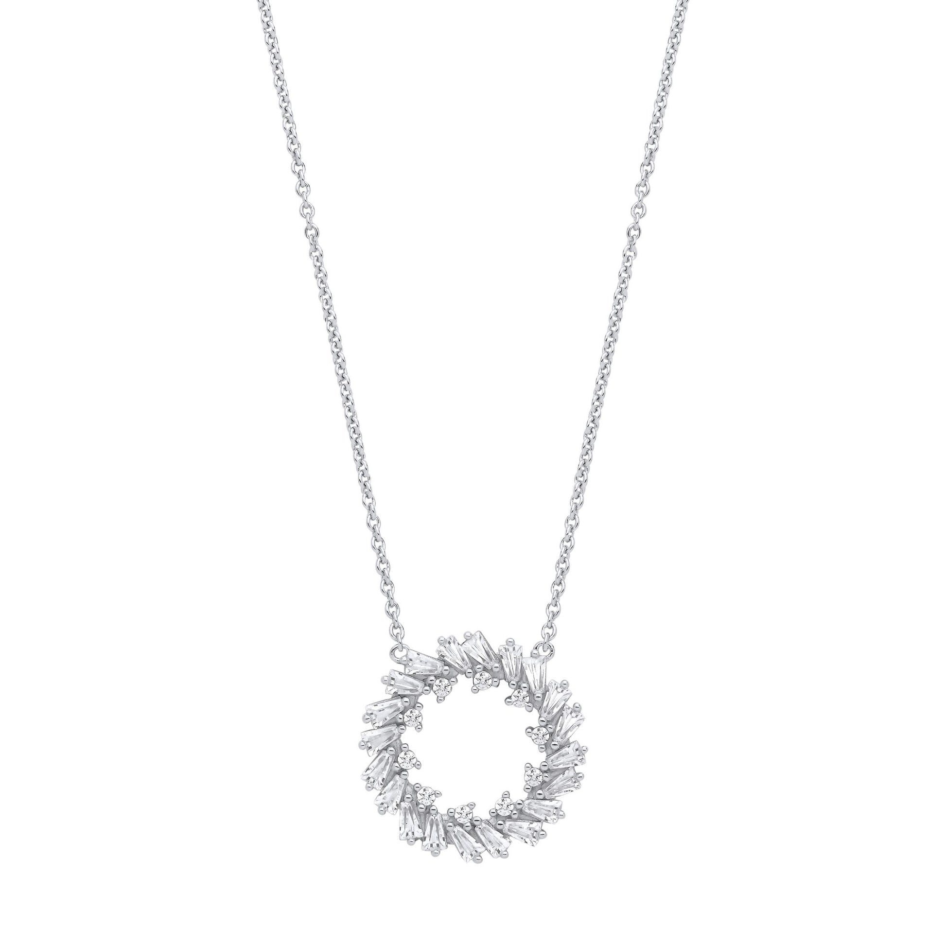 Silver  Baguette CZ Fiery Hoop Circle Lavalier Necklace 16 + 2" - GVK474