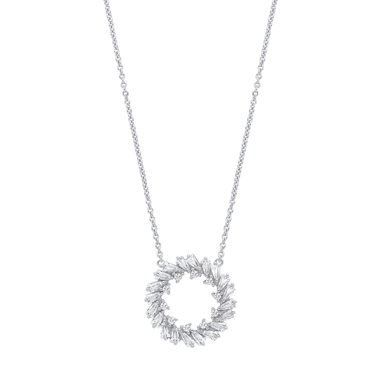 Silver  Baguette CZ Fiery Hoop Circle Lavalier Necklace 16 + 2" - GVK474