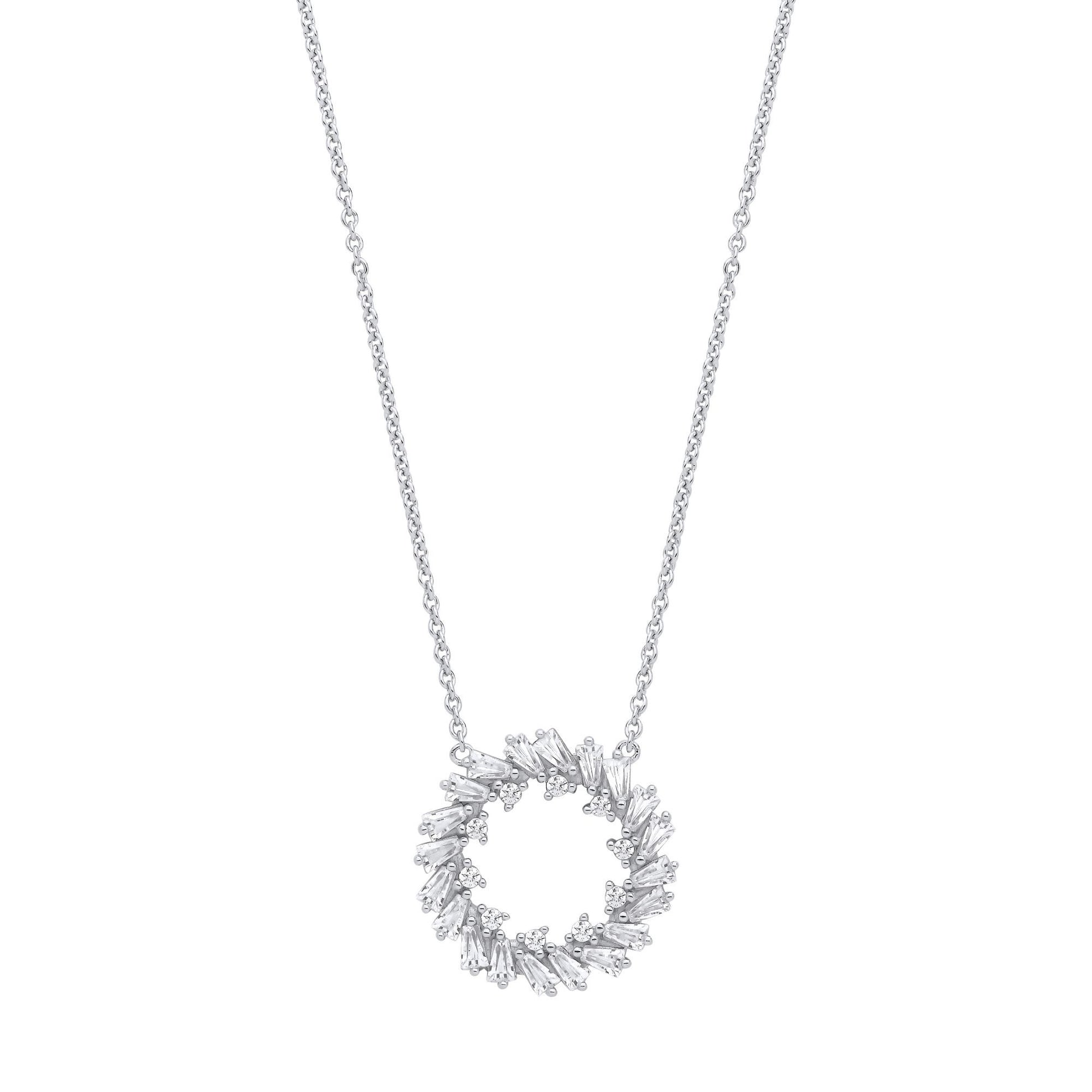 Silver  Baguette CZ Fiery Hoop Circle Lavalier Necklace 16 + 2" - GVK474