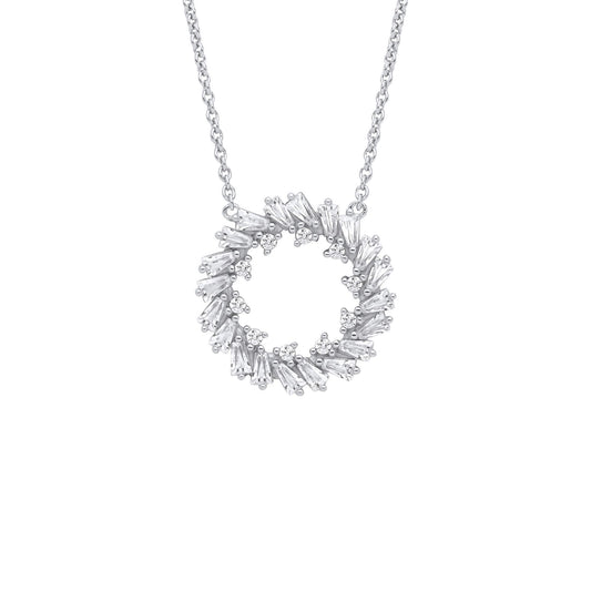 Silver Baguette CZ Fiery Hoop Circle Lavalier Necklace 16 + 2" - GVK474
