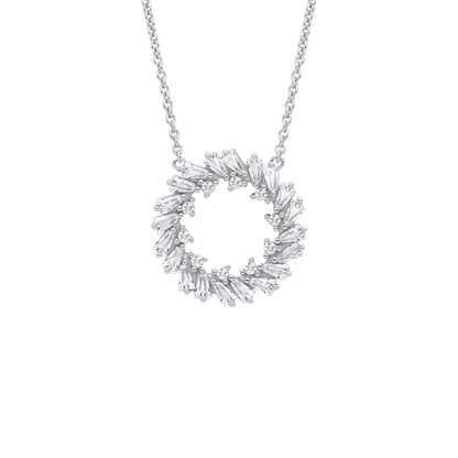 Silver  Baguette CZ Fiery Hoop Circle Lavalier Necklace 16 + 2" - GVK474