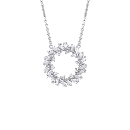 Silver  Baguette CZ Fiery Hoop Circle Lavalier Necklace 16 + 2" - GVK474