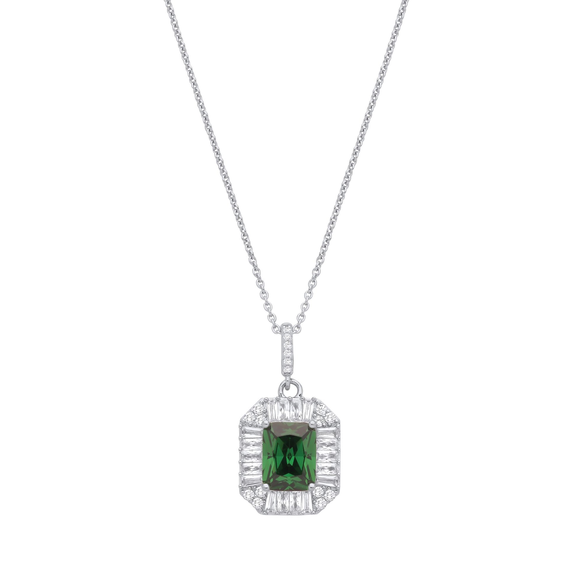 Silver  Green Radiant CZ Football Stadium Octagon Necklace 18" - GVK475