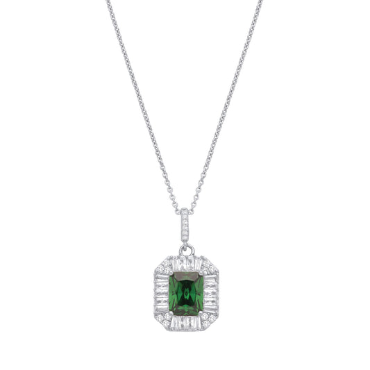 Silver  Green Radiant CZ Football Stadium Octagon Necklace 18" - GVK475