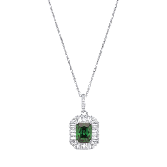 Silver  Green Radiant CZ Football Stadium Octagon Necklace 18" - GVK475