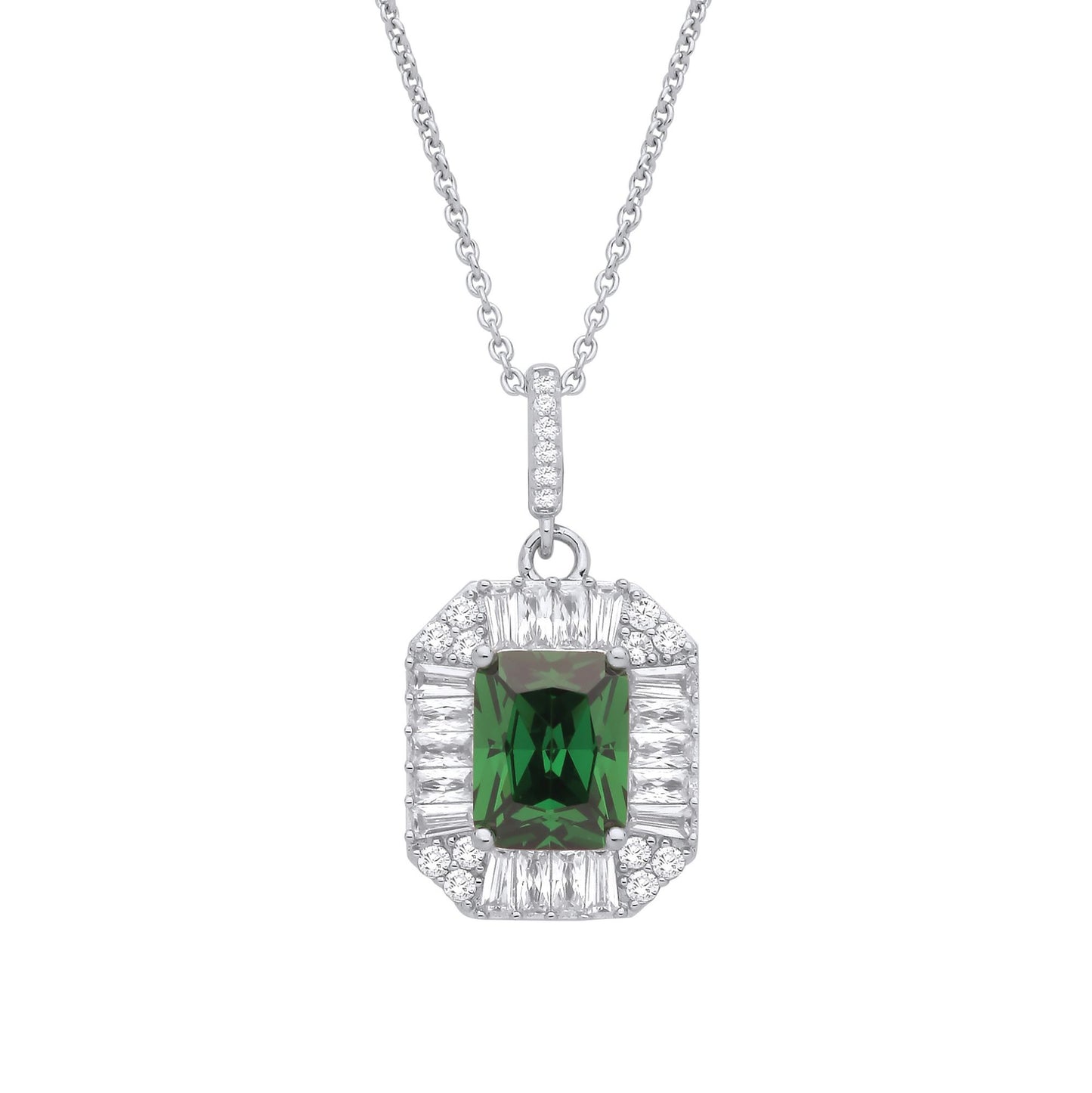 Silver  Green Radiant CZ Football Stadium Octagon Necklace 18" - GVK475