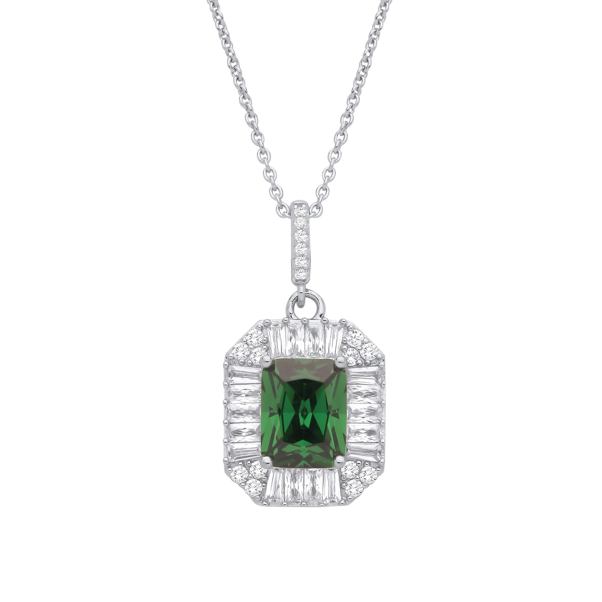 Silver  Green Radiant CZ Football Stadium Octagon Necklace 18" - GVK475