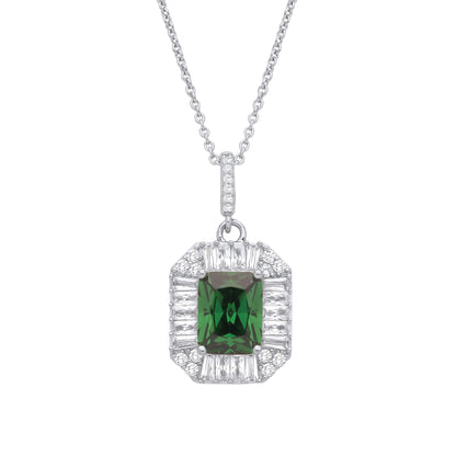 Silver  Green Radiant CZ Football Stadium Octagon Necklace 18" - GVK475