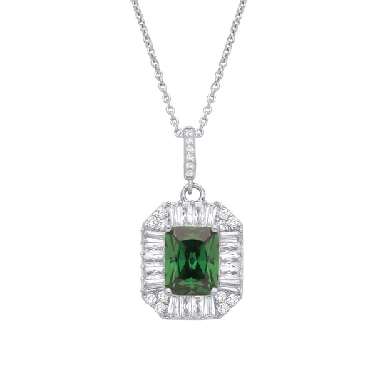 Silver  Green Radiant CZ Football Stadium Octagon Necklace 18" - GVK475