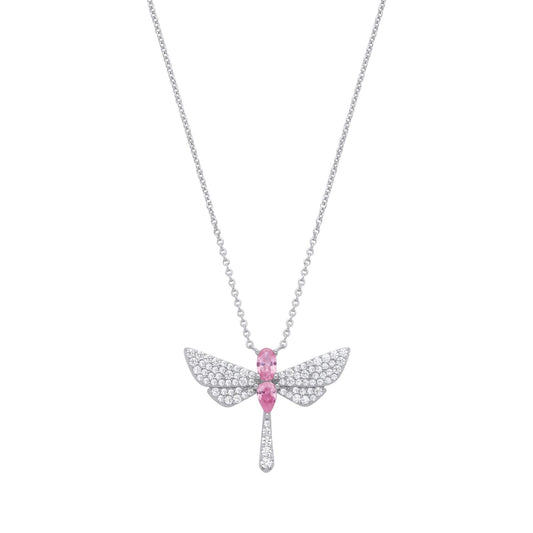 Silver  Pink Pear Oval CZ Soaring Dragonfly Lavalier Necklace 18" - GVK477