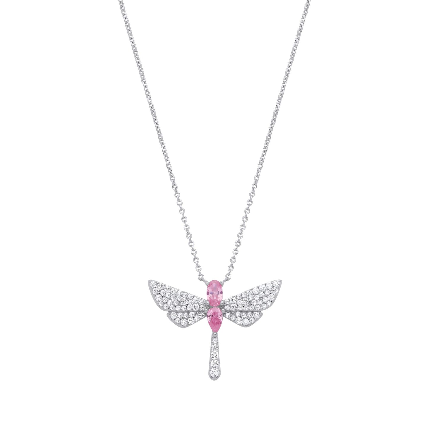 Silver  Pink Pear Oval CZ Soaring Dragonfly Lavalier Necklace 18" - GVK477