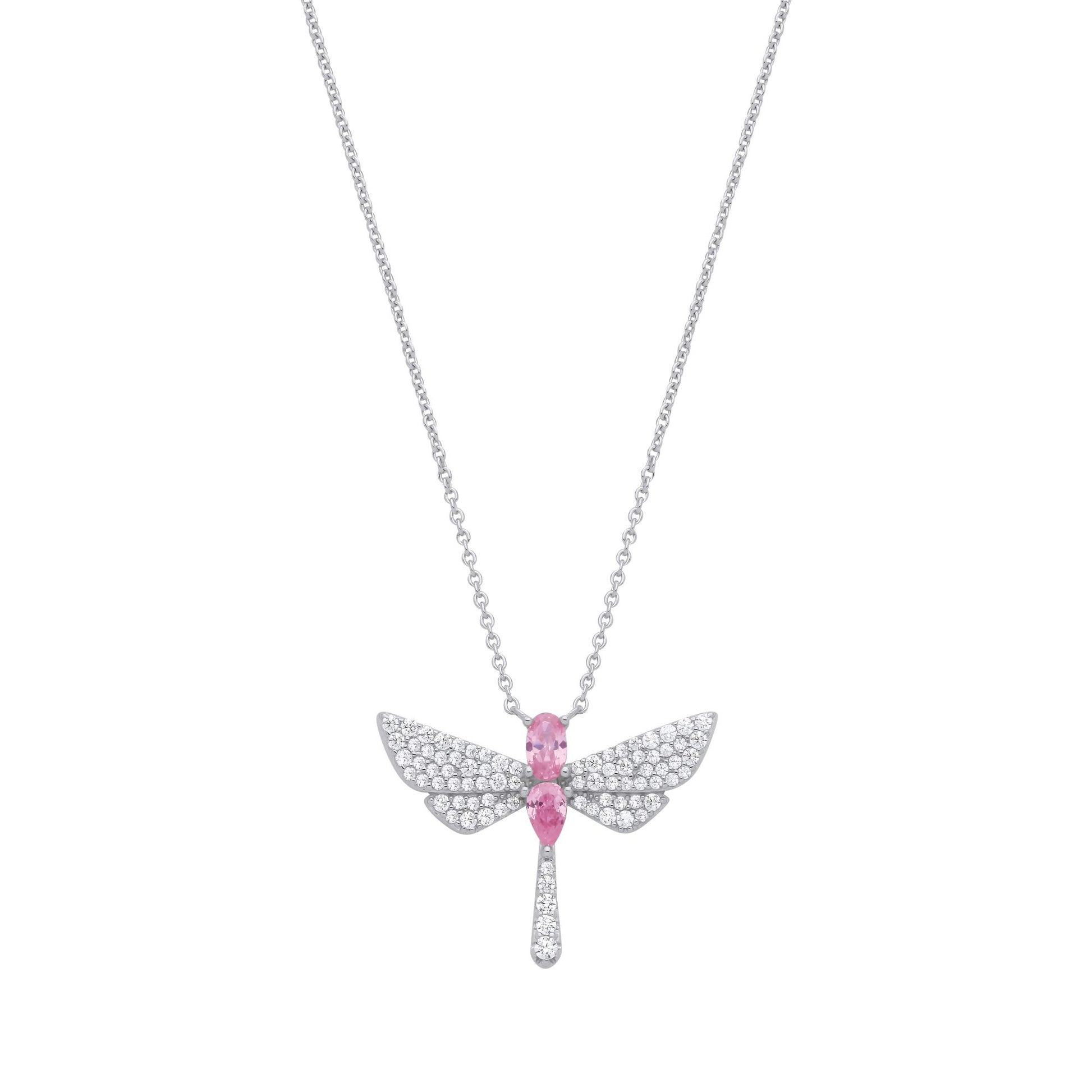 Silver  Pink Pear Oval CZ Soaring Dragonfly Lavalier Necklace 18" - GVK477