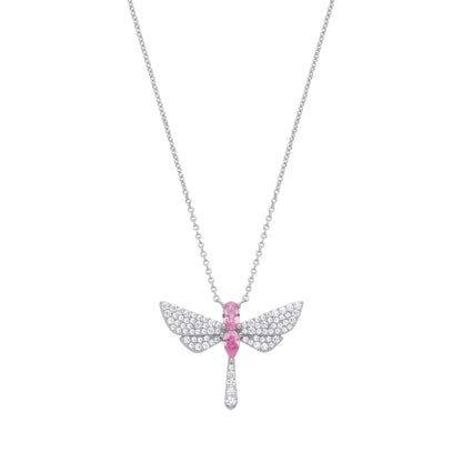 Silver  Pink Pear Oval CZ Soaring Dragonfly Lavalier Necklace 18" - GVK477