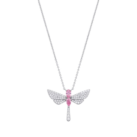 Silver  Pink Pear Oval CZ Soaring Dragonfly Lavalier Necklace 18" - GVK477