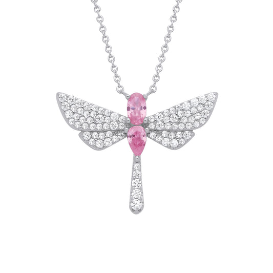 Silver  Pink Pear Oval CZ Soaring Dragonfly Lavalier Necklace 18" - GVK477