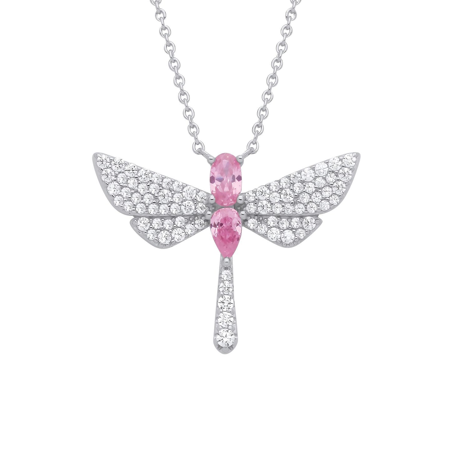Silver  Pink Pear Oval CZ Soaring Dragonfly Lavalier Necklace 18" - GVK477