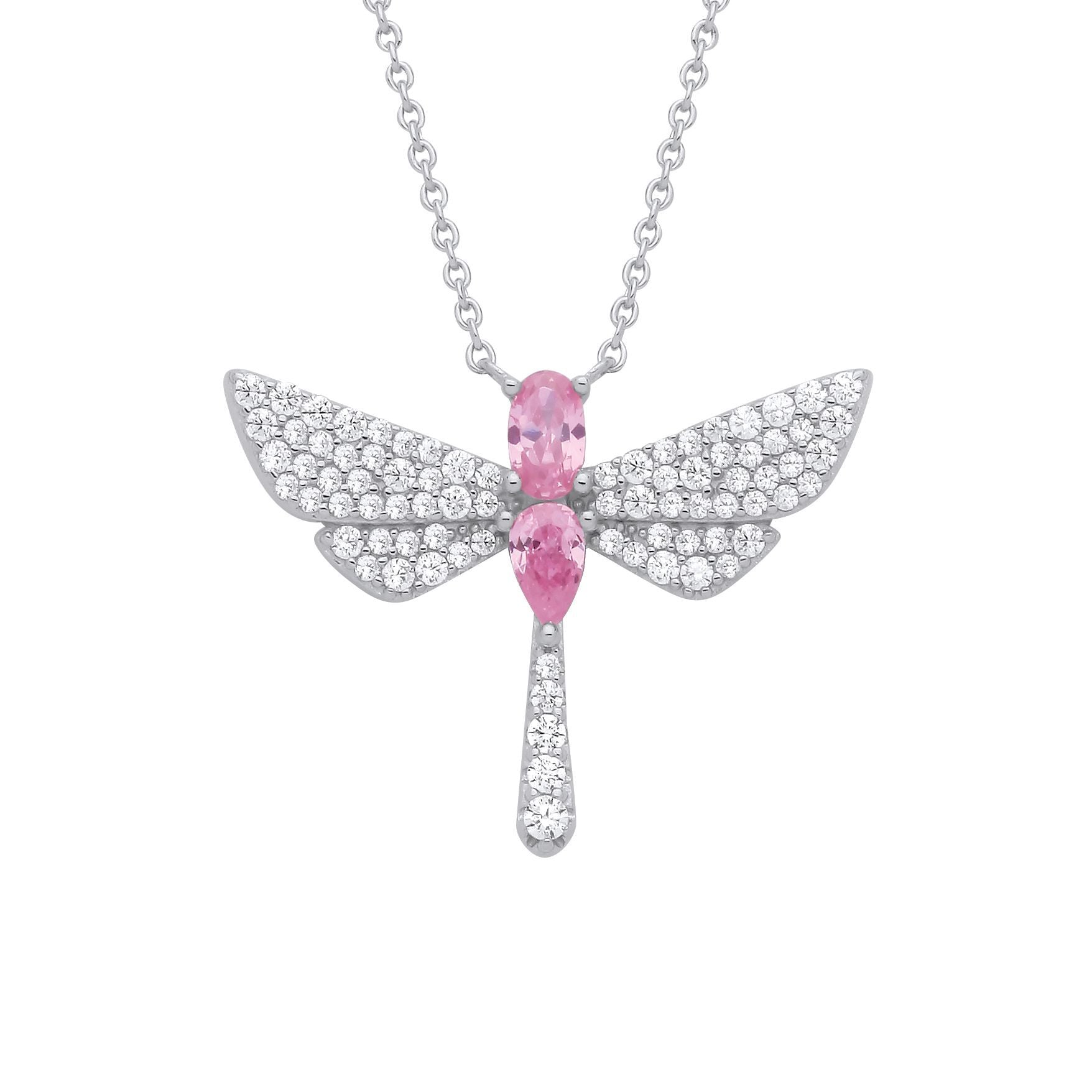 Silver  Pink Pear Oval CZ Soaring Dragonfly Lavalier Necklace 18" - GVK477