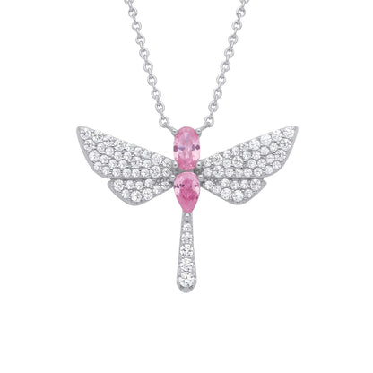 Silver  Pink Pear Oval CZ Soaring Dragonfly Lavalier Necklace 18" - GVK477