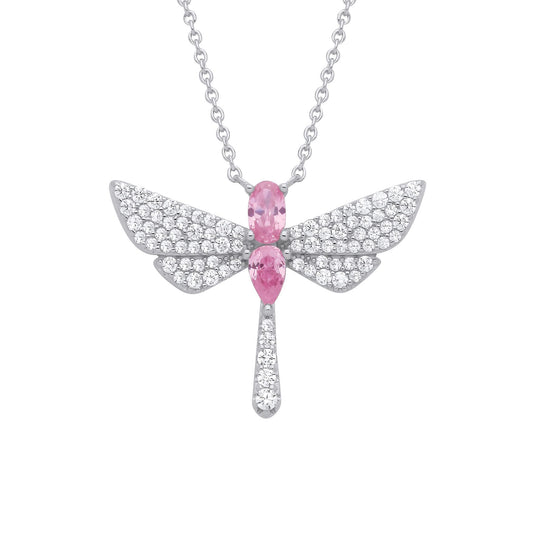 Silver  Pink Pear Oval CZ Soaring Dragonfly Lavalier Necklace 18" - GVK477