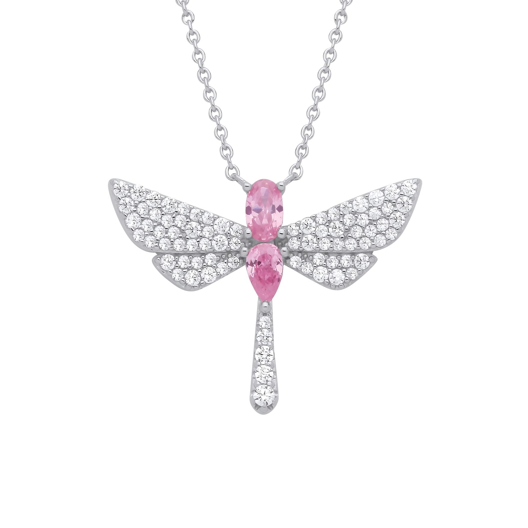 Silver  Pink Pear Oval CZ Soaring Dragonfly Lavalier Necklace 18" - GVK477