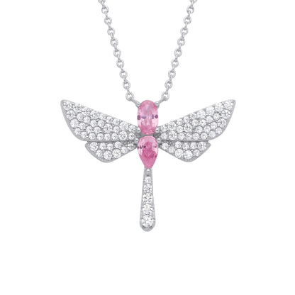 Silver  Pink Pear Oval CZ Soaring Dragonfly Lavalier Necklace 18" - GVK477