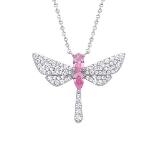 Silver  Pink Pear Oval CZ Soaring Dragonfly Lavalier Necklace 18" - GVK477