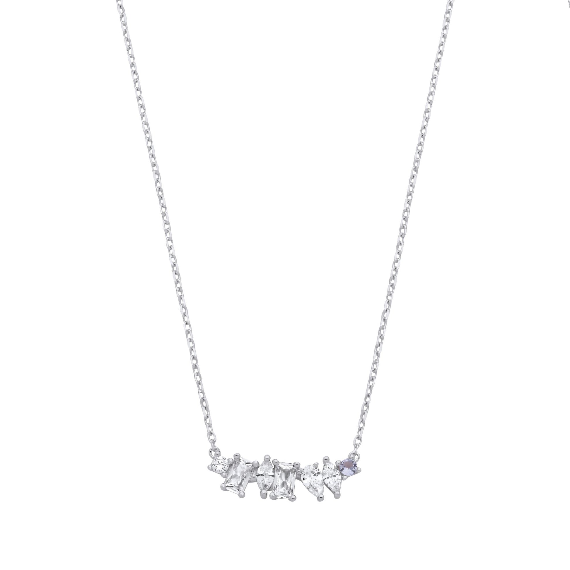Silver  Blue Radiant Marquise CZ Multi Shape Bar Necklace 17" - GVK478