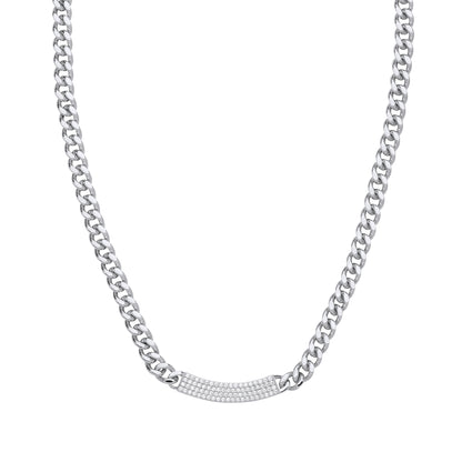 Silver  Curb Link Chain Pave ID Bar Necklace 16" + 2" - GVK480